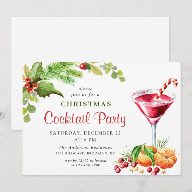 Holly Berry Holiday Weihnachtscocktail Party Einladung (Vorne/Hinten)
