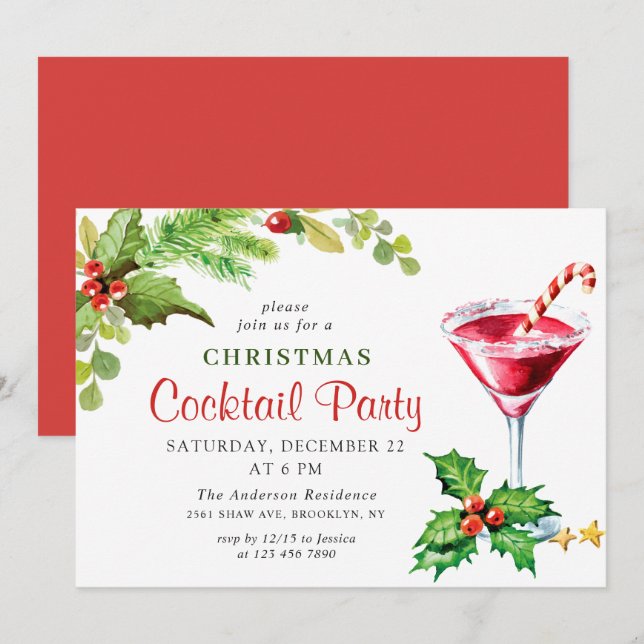 Holly Berry Holiday Weihnachtscocktail Party Invit Einladung (Vorne/Hinten)