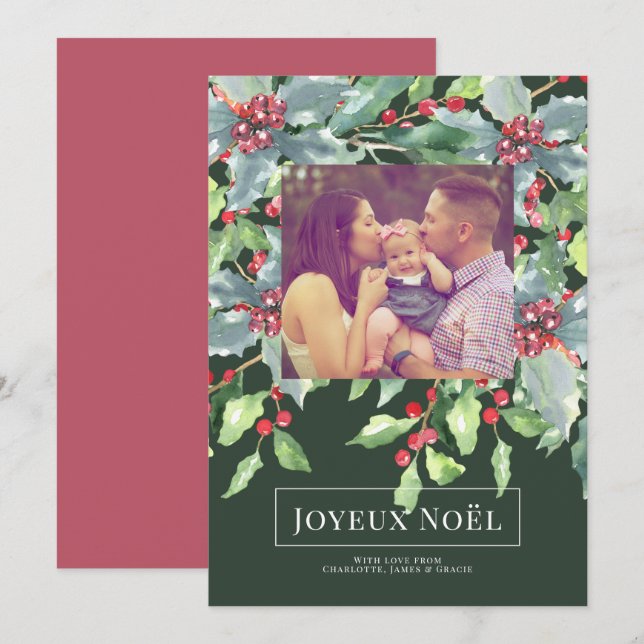 Holly Berry Joyeux Noël Elegante Weihnachtskarte Einladung (Vorne/Hinten)