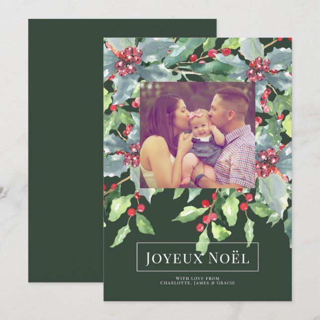 Holly Berry Joyeux Noël Elegante Weihnachtskarte Einladung (Vorne/Hinten)