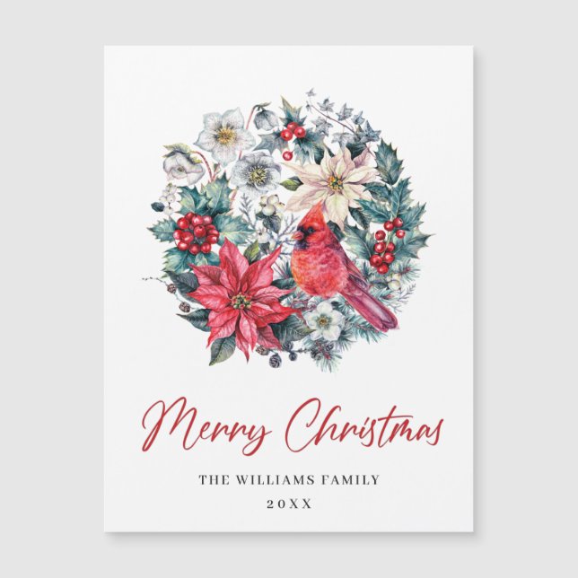 Holly Berry Kardinal Frohe Weihnachts Magnetkarte (Vorderseite)