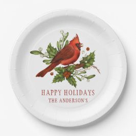 Holly Berry Kardinal Holiday Monogram Mistletoe Pappteller