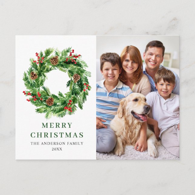 Holly Berry Pine Cones Christmas Wreath FOTO Postkarte (Vorderseite)