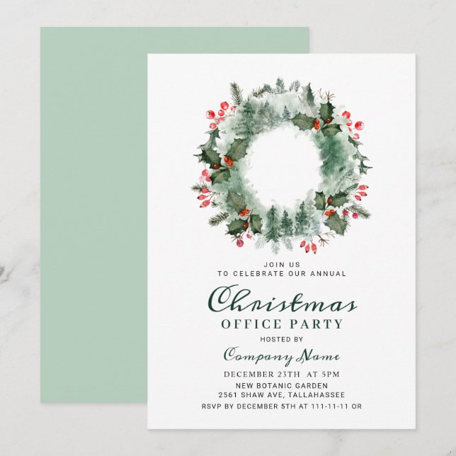 Holly Berry Pine Wreath Corporate Christmas Party Einladung (Vorne/Hinten)