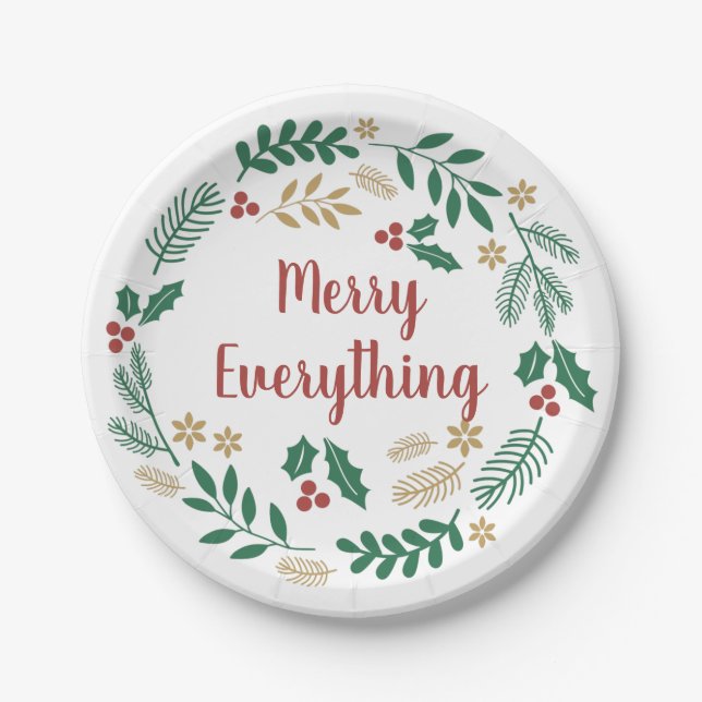 Holly Berry Pine Wreath Merry Alles Urlaub Pappteller (Vorderseite)