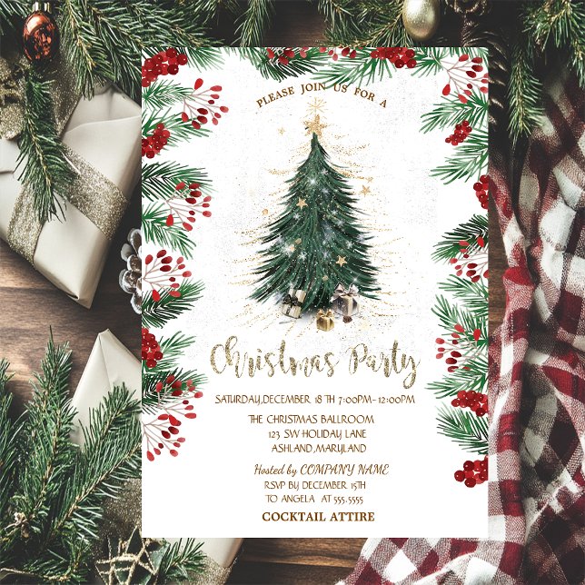 Holly Berry Poinsettia Christmas Trees Stars Einladung (Von Creator hochgeladen)