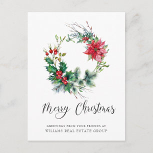 Holly Berry Poinsettia Wreath Corporate Christmas Feiertagspostkarte