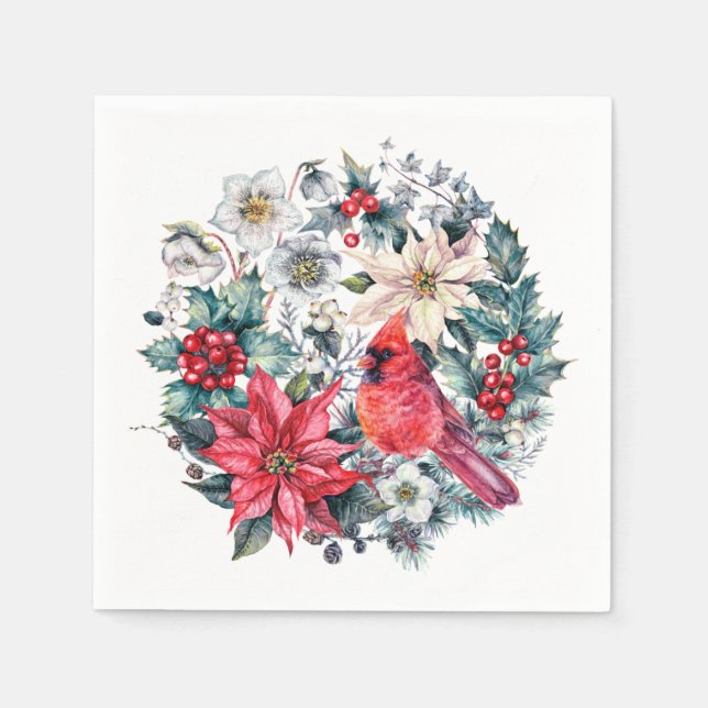 Holly Berry Red Kardinal Vintage Weihnachtsfeierta Serviette (Vorderseite)