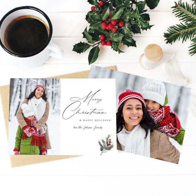 Holly Berry Simple Elegant Frohe Weihnachten 2 Fot Einladung (Von Creator hochgeladen)