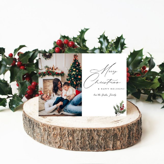 Holly Berry Simple Elegant Frohe Weihnachten Foto Einladung (Von Creator hochgeladen)