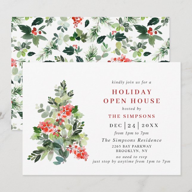 Holly Berry Tree CHRISTMAS HOLIDAY OPEN HOUSE Einladung (Vorne/Hinten)