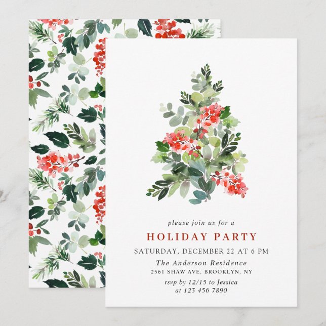 Holly Berry Tree Holiday CHRISTMAS PARTY Einladung (Vorne/Hinten)
