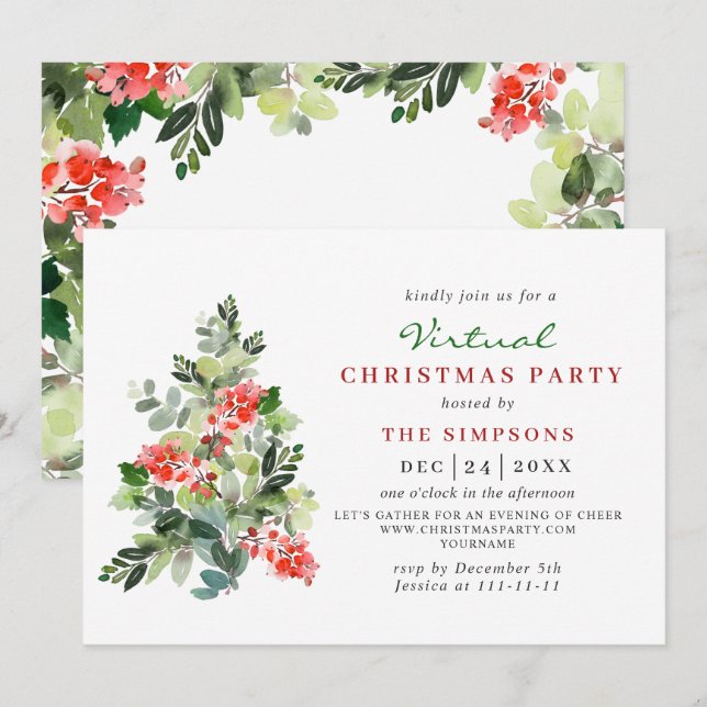 Holly Berry Tree Virtual CHRISTMAS HOLIDAY Party Einladung (Vorne/Hinten)
