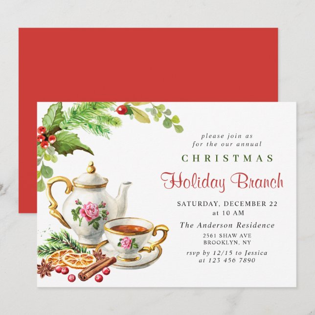 Holly Berry Weihnachtszweig Einladung (Vorne/Hinten)