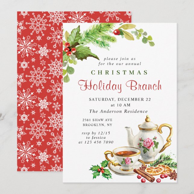 Holly Berry Weihnachtszweig Einladung (Vorne/Hinten)