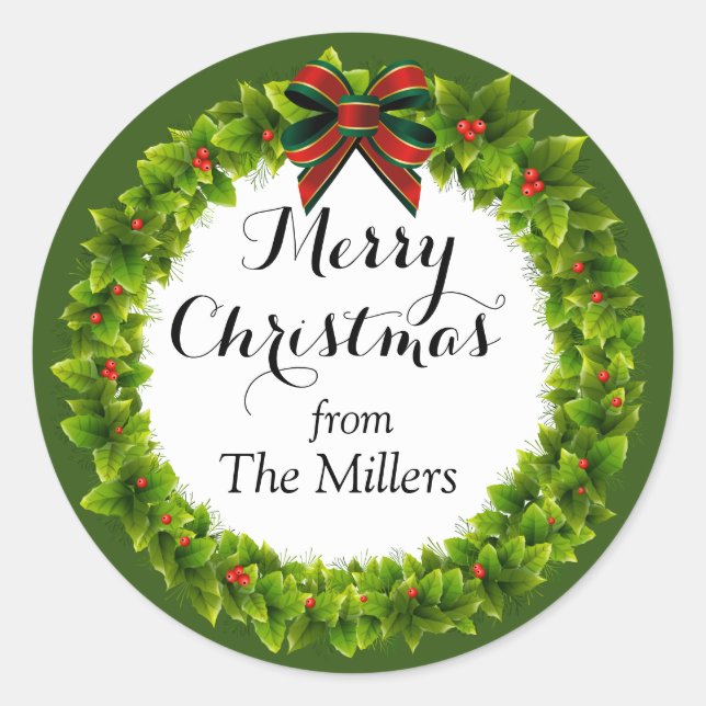 Holly Berry Wreath Custom Christmas Runder Aufkleber (Vorderseite)
