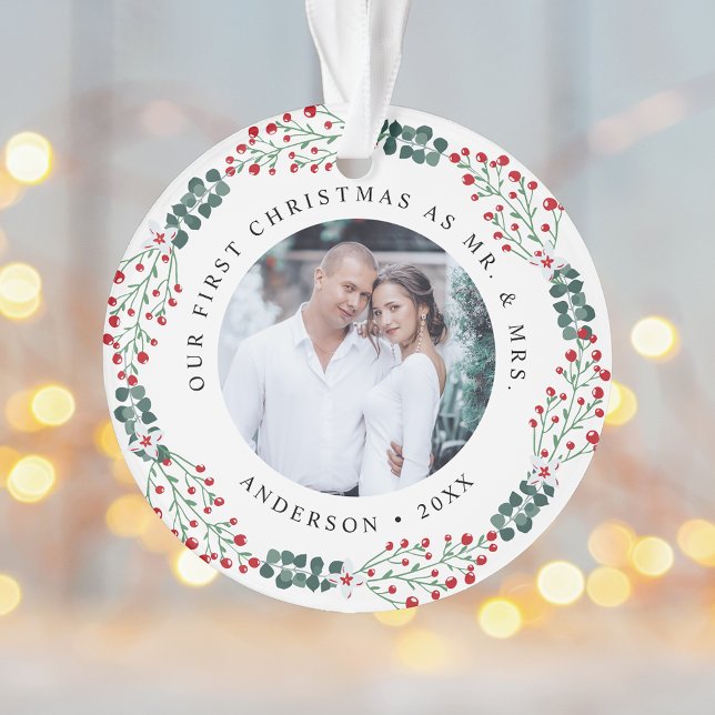 Holly Berry Wreath First Christmas Wedding Foto Ornament (Von Creator hochgeladen)