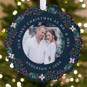 Holly Berry Wreath First Christmas Wedding Foto Ornament Karte