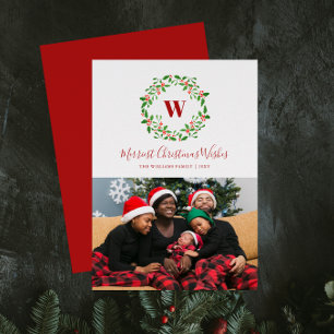 Holly Berry Wreath Monogram Carte photo de vacance