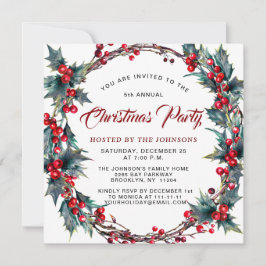 Holly Berry Wreath Watercolor Weihnachts-Party Einladung