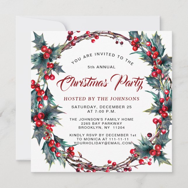 Holly Berry Wreath Watercolor Weihnachts-Party Einladung (Vorderseite)
