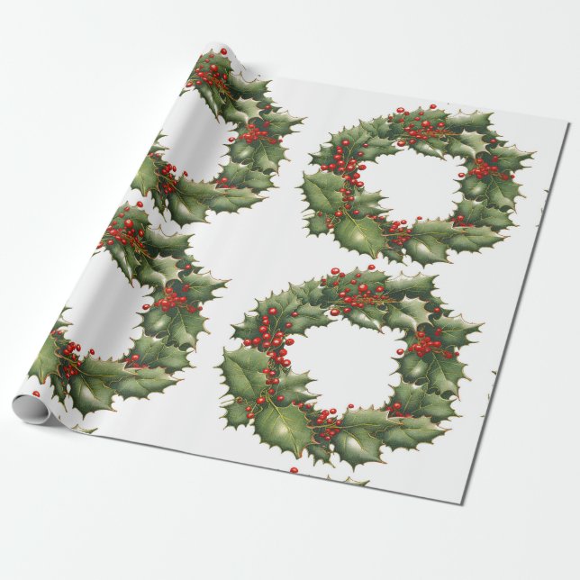 Holly Berry Wreath Wrapping Paper Geschenkpapier (Ungerollt)