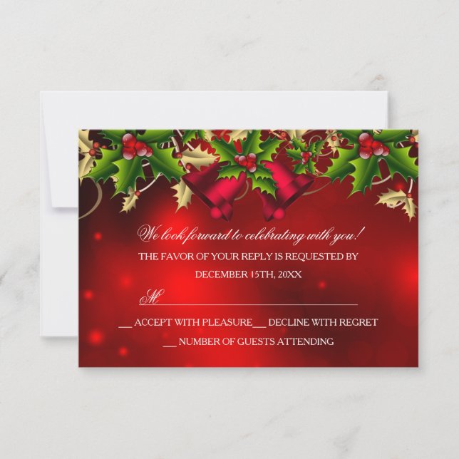 Holly Blätter & Bell Red Christmas Party UAWG RSVP Karte (Vorderseite)