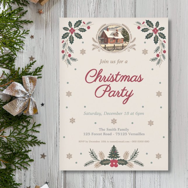 Holly Blätter & Berries - Weihnachtsfest im Party Einladung (Holly Leaves & Berries - Vintage Christmas Party Invitation)
