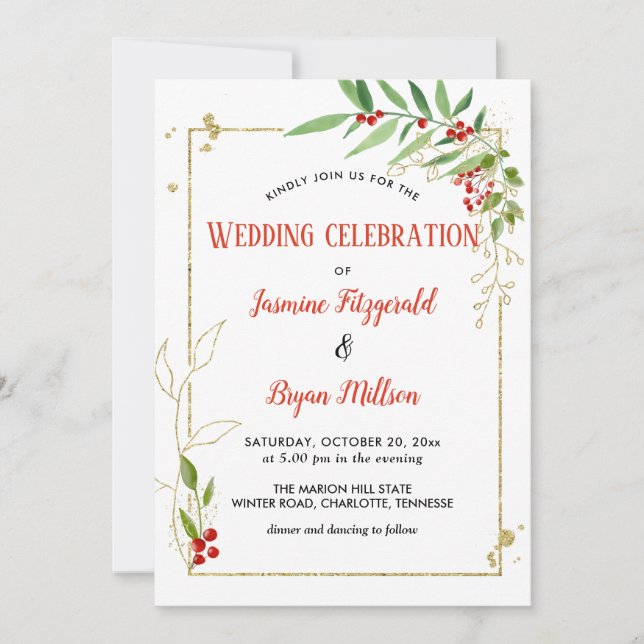 Holly Blätter Berry Frame Christmas | Hochzeit Einladung (Vorderseite)