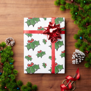 Holly-Blätter, Holly-Beeren, lustige botanische Fe Geschenkpapier