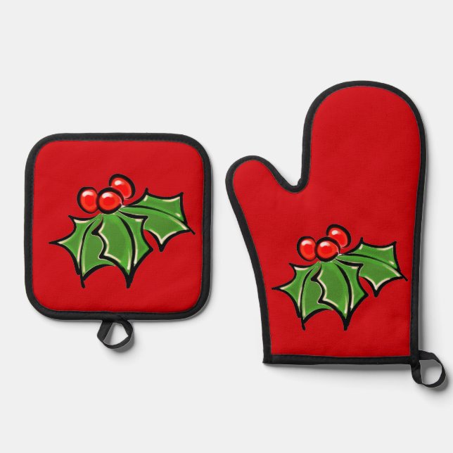 Holly-Blätter, Holly-Beeren, lustige botanische Fe Ofenhandschuh & Topflappen-Set (Vorderseite)