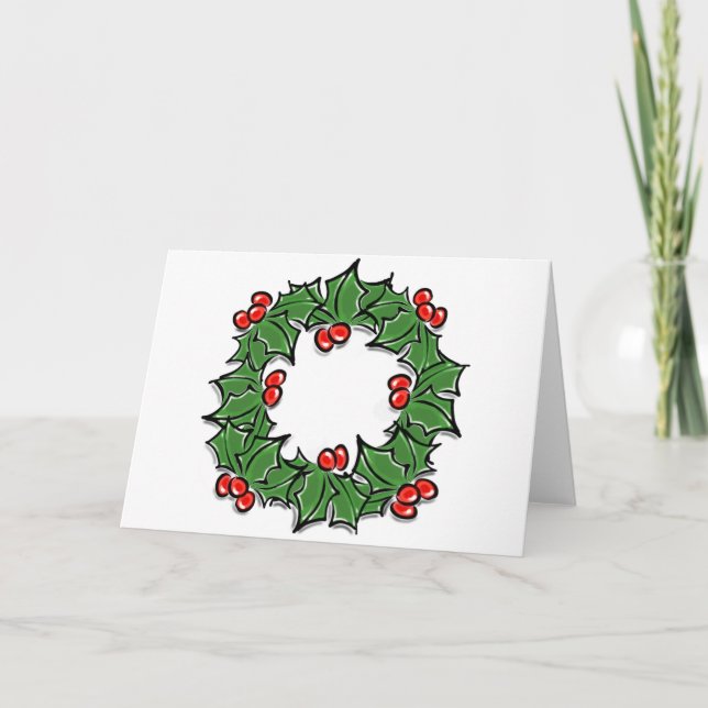 Holly-Blätter, Holly-Beeren, Weihnachtskranz Feiertagskarte (Vorderseite)
