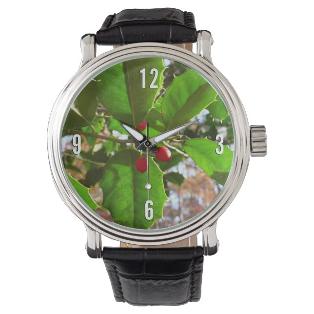 Holly Blätter II Holiday Nature Botanical Armbanduhr (Vorderseite)