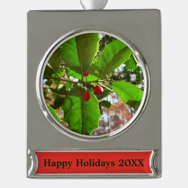 Holly Blätter II Holiday Nature Botanical Banner-Ornament Silber (Vorderseite)