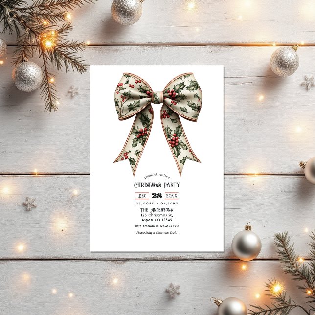 Holly Bow Holiday Weihnachts-Party Einladung (Holly Bow Holiday Christmas Party Invitation)