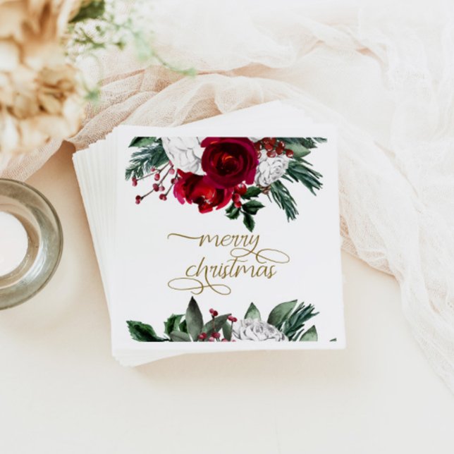 HOLLY Burgundy Gold Floral Frohe Weihnachten Serviette (Von Creator hochgeladen)