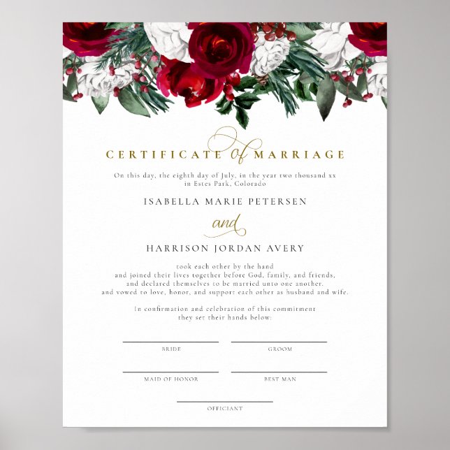 HOLLY Burgundy Winter Floral Ehezertifikat Poster (Vorne)