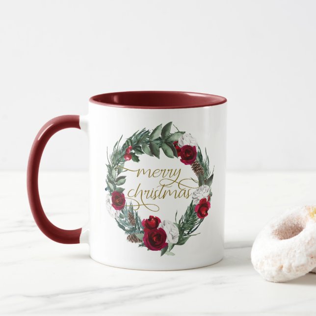 HOLLY Burgundy Winter Floral Frohe Weihnachten Tasse (Mit Donut)