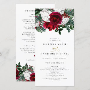 HOLLY Burgundy Winter Floral Gold Wedding Program Dankeskarte
