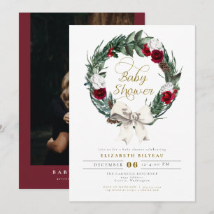 HOLLY Christmas Burgundy Floral Foto Baby Shower Einladung