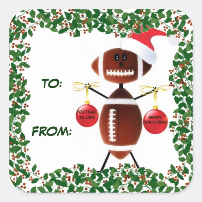 Holly Christmas Football Geschenkmarke Quadratischer Aufkleber (Vorderseite)