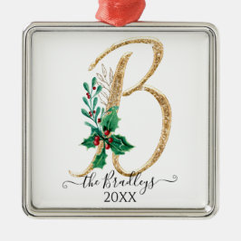 Holly Christmas Gold Glitzer Family Monogram B Ornament Aus Metall