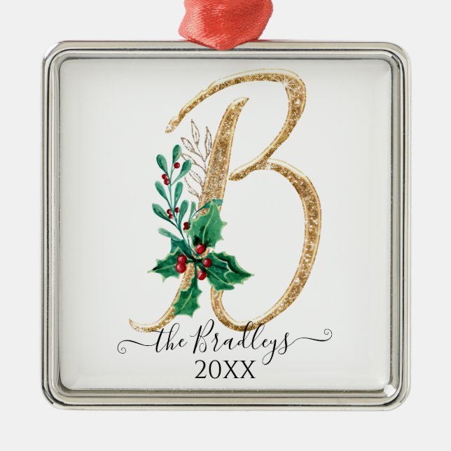 Holly Christmas Gold Glitzer Family Monogram B Ornament Aus Metall (Vorne)