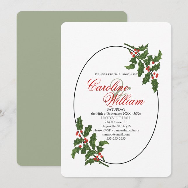 Holly Christmas Holiday Branch Berry Invitation (Devant / Derrière)