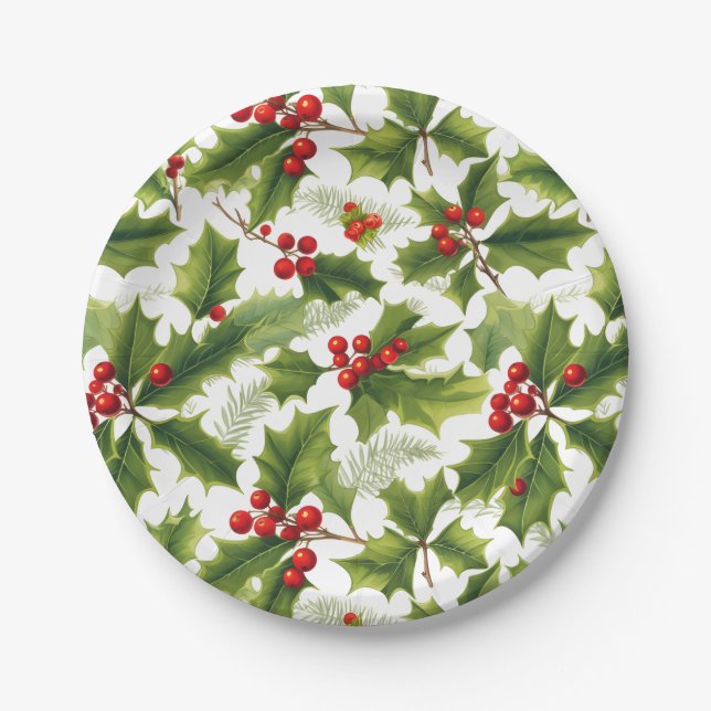 Holly Christmas Party Paper Plate Red and Green Pappteller (Vorderseite)