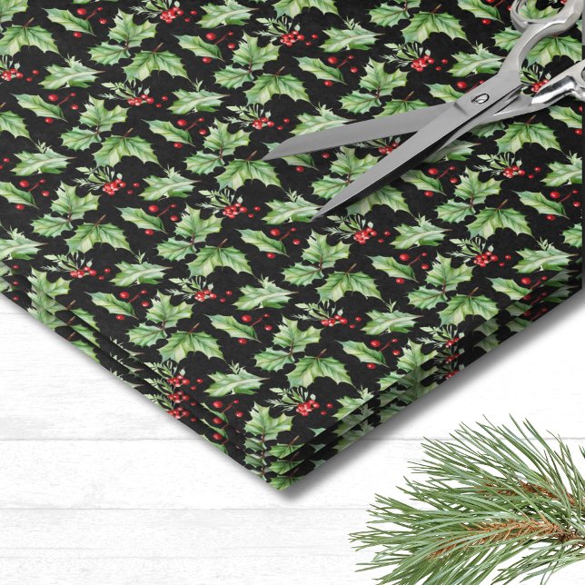 Holly Christmas Seidenpapier (Modern Festive Black Holly Berries Christmas Tissue Paper)
