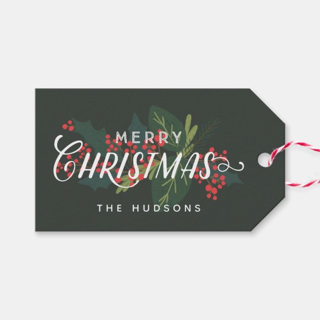Holly Days | Frohe Weihnachten nach Geschenkanhänger (Vorderseite (Horizontal))