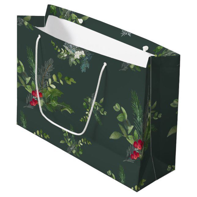 Holly, Fir und Snowflake Forest Green Große Geschenktüte (Vorderseite Schrägansicht)