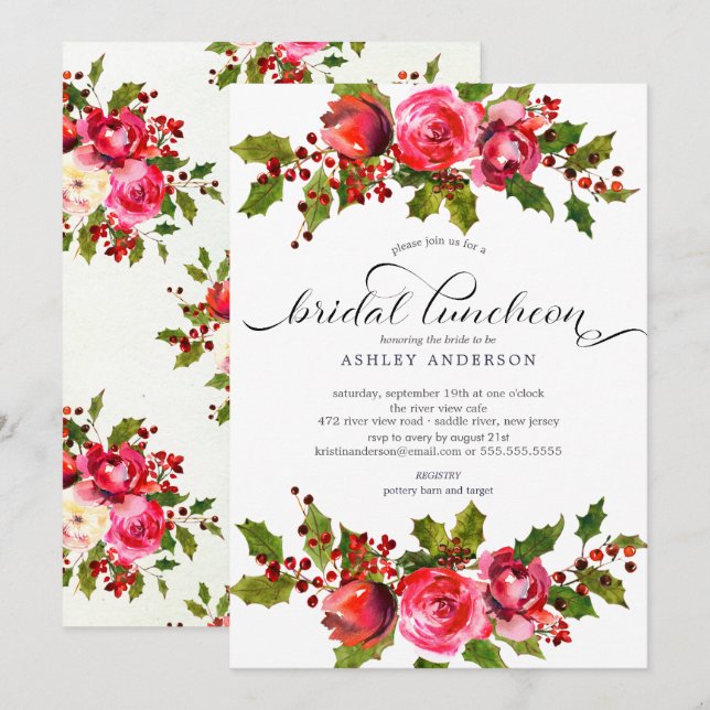 Holly Floral Brautparty Luncheon Einladung (Vorne/Hinten)