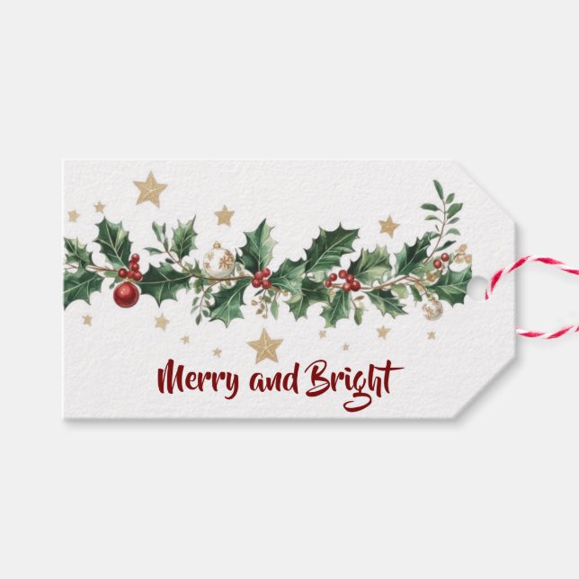 Holly Garland Merry & Bright Geschenkanhänger (Vorderseite (Horizontal))